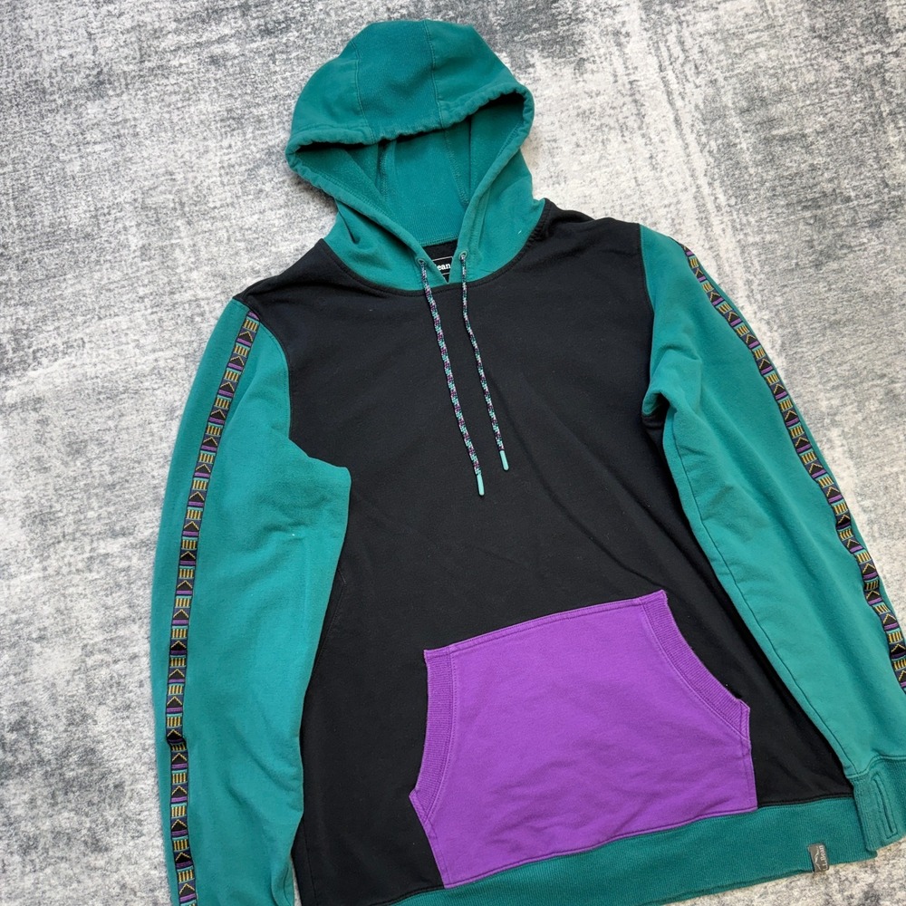 LL Bean Hoodie Womens Large Teal Black Colorblock Aztec Trim Fleece Sweatshirt